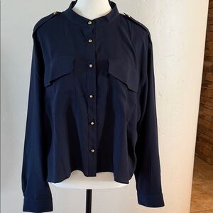 Ann Taylor Navy Blue Button-Front Utility Blouse